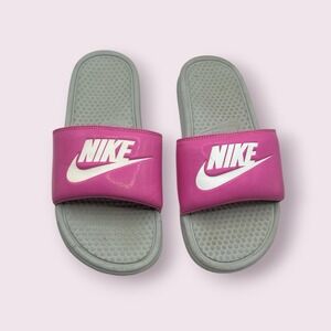 Nike Benassi JDI Slides Magenta Pink Grey Athletic Sandals WOMENS 10
